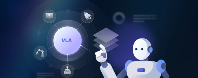 센서와 비전, 언어 이해를 기반으로 실제 환경과 상호작용하는 로봇 형태의 피지컬 AI와 VLA(Vision Language Action) 개념 이미지