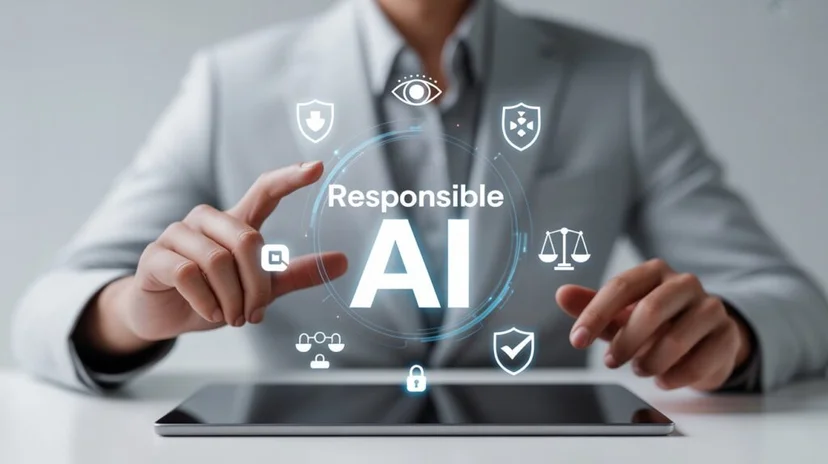 Responsible AI 개념을 시각화한 이미지로, AI 윤리·보안·투명성을 상징하는 아이콘