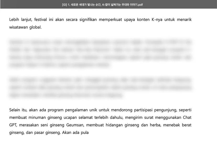 인도네시아어로 번역된 K-팝 관련 PDF 번역 데이터 결과물, 일부 문단이 블러 처리된 모습