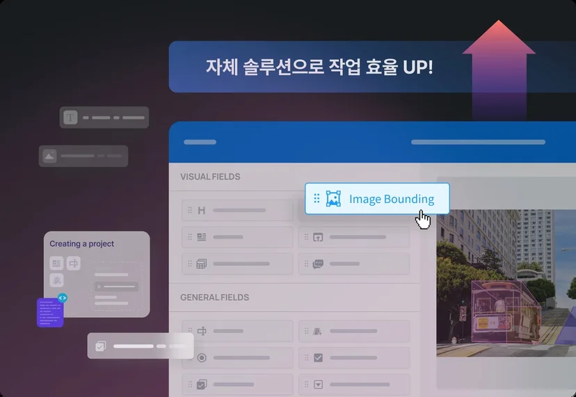 크라우드웍스 자체 데이터 라벨링 솔루션 화면 이미지, 이미지 바운딩 기능을 통해 AI 학습 데이터 가공 작업 효율을 높이는 플랫폼 예시