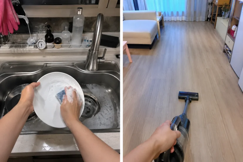 가정집을 배경으로 1인칭 시점에서 설거지하는 장면과 청소기를 미는 장면이 2분할로 배치된 이미지