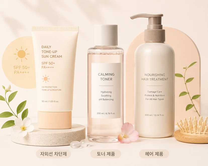 선크림, 토너, 헤어 제품 이미지