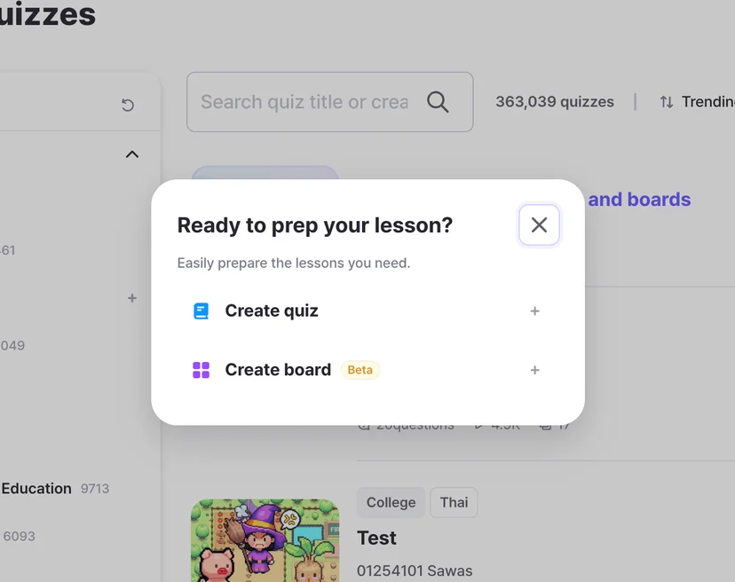 Create quiz and board at the top menu.