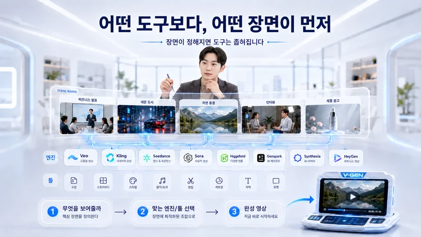 AI 영상 제작에서 도구보다 장면 기획이 먼저이며, 장면에 맞는 엔진과 툴을 선택해야 한다는 메시지를 담은 이미지