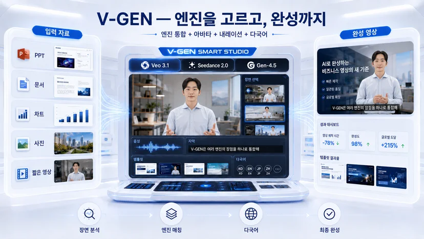 입력 자료와 생성 장면을 V-GEN이 아바타, 내레이션, 다국어, 템플릿으로 완성 영상까지 구성하는 과정을 보여주는 이미지