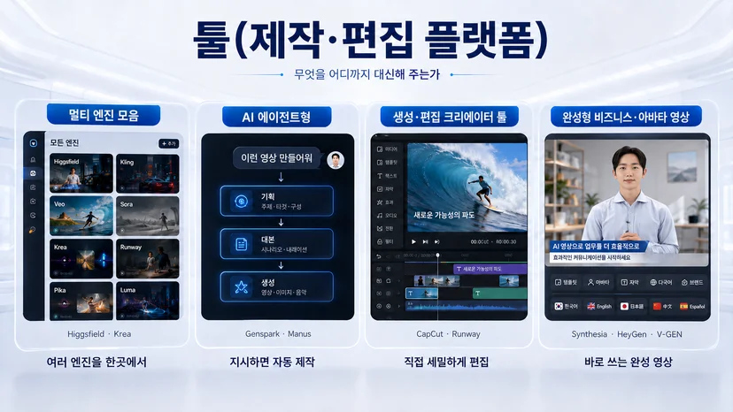 Higgsfield, Genspark, CapCut, Runway, Synthesia, HeyGen, V-GEN 등 AI 영상 제작 툴의 유형을 비교한 이미지