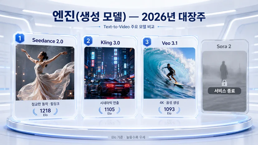 Seedance 2.0, Kling 3.0, Veo 3.1 등 2026년 주요 AI 영상 생성 엔진의 특징과 Elo 점수를 비교한 이미지