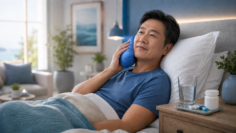 임플란트 수술 후 1~3일차 정상 회복 반응 — 얼음찜질과 안정을 취하는 모습