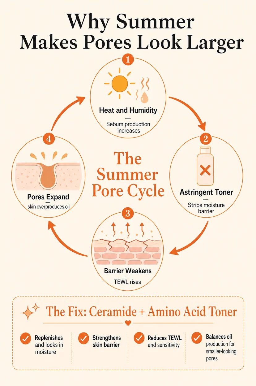 Infographic titled "Why Summer Makes Pores Look Larger" showing a 4-stage summer pore cycle: heat and humidity increases sebum production, astringent toner strips moisture barrier, barrier weakens and TEWL rises, and pores expand as skin overproduces oil — with a solution section below recommending a ceramide and amino acid toner for replenishing moisture, strengthening the skin barrier, reducing TEWL, and balancing oil production