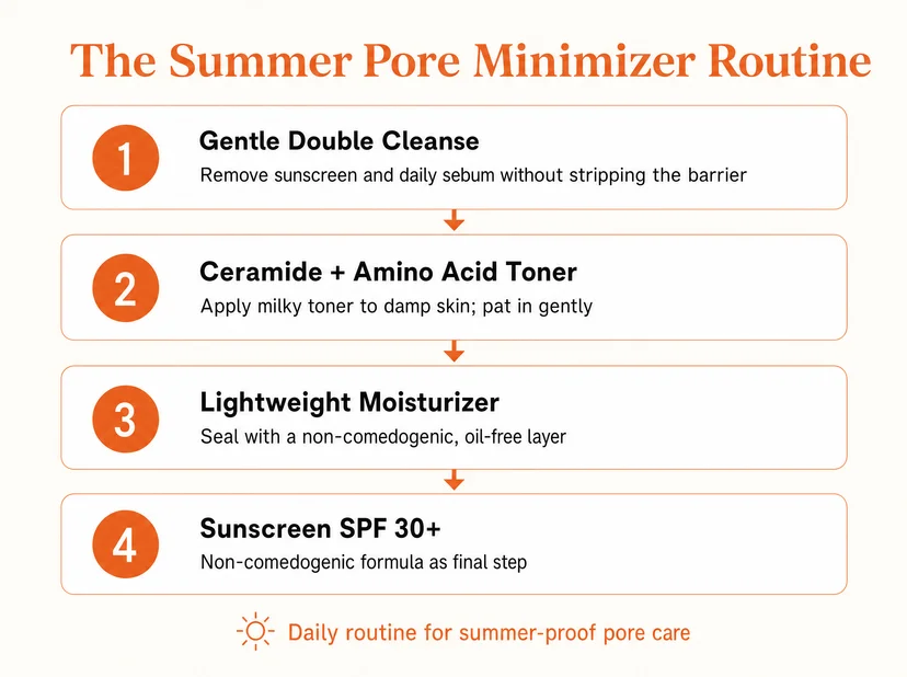 Infographic titled "The Summer Pore Minimizer Routine" showing a 4-step daily routine: Step 1 gentle double cleanse to remove sunscreen and sebum without stripping, Step 2 ceramide and amino acid toner applied to damp skin and patted in gently, Step 3 lightweight non-comedogenic oil-free moisturizer, Step 4 SPF 30+ non-comedogenic sunscreen as the final step, with a footer reading "daily routine for summer-proof pore care"