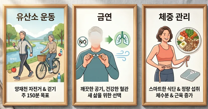 음식만큼 중요한 콜레스테롤 낮추는 생활요법은 유산소운동과 금연실천, 체중관리, 절주에 대한 이미지입니다.