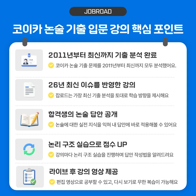 코이카 논술 기출 입문 강의 핵심 포인트' 안내 이미지입니다. 잡로드 강의의 5가지 장점이 요약되어 있습니다. 첫째, 2011년부터 최신까지 기출 분석 완료, 둘째, 26년 최신 이슈를 반영한 강의로 학습 방향 제시, 셋째, 합격생의 논술 답안 공개로 실전 지식 적용, 넷째, 문단별 논리 구조 실습으로 점수 업(UP), 다섯째, 라이브 후 편집 영상과 다시보기 무한 복습 제공의 내용을 담고 있습니다.