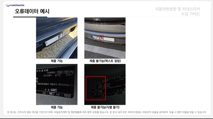 차량 번호판과 차대스티커 이미지 수집 시 제출 가능 사례와 텍스트 잘림, 식별 불가 등 제출 불가 사례를 정리한 작업 가이드 예시