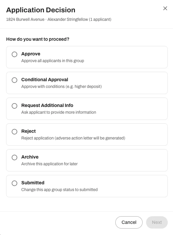 Application decision options, including the ability to move an application back to Submitted or unarchive it