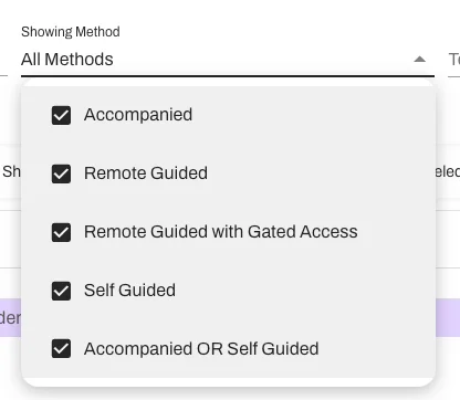 The Showing Method filter in the Showings Calendar, with options for all five showing types