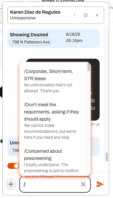Snippet suggestions appearing in the Command Center mini-view after typing a slash command