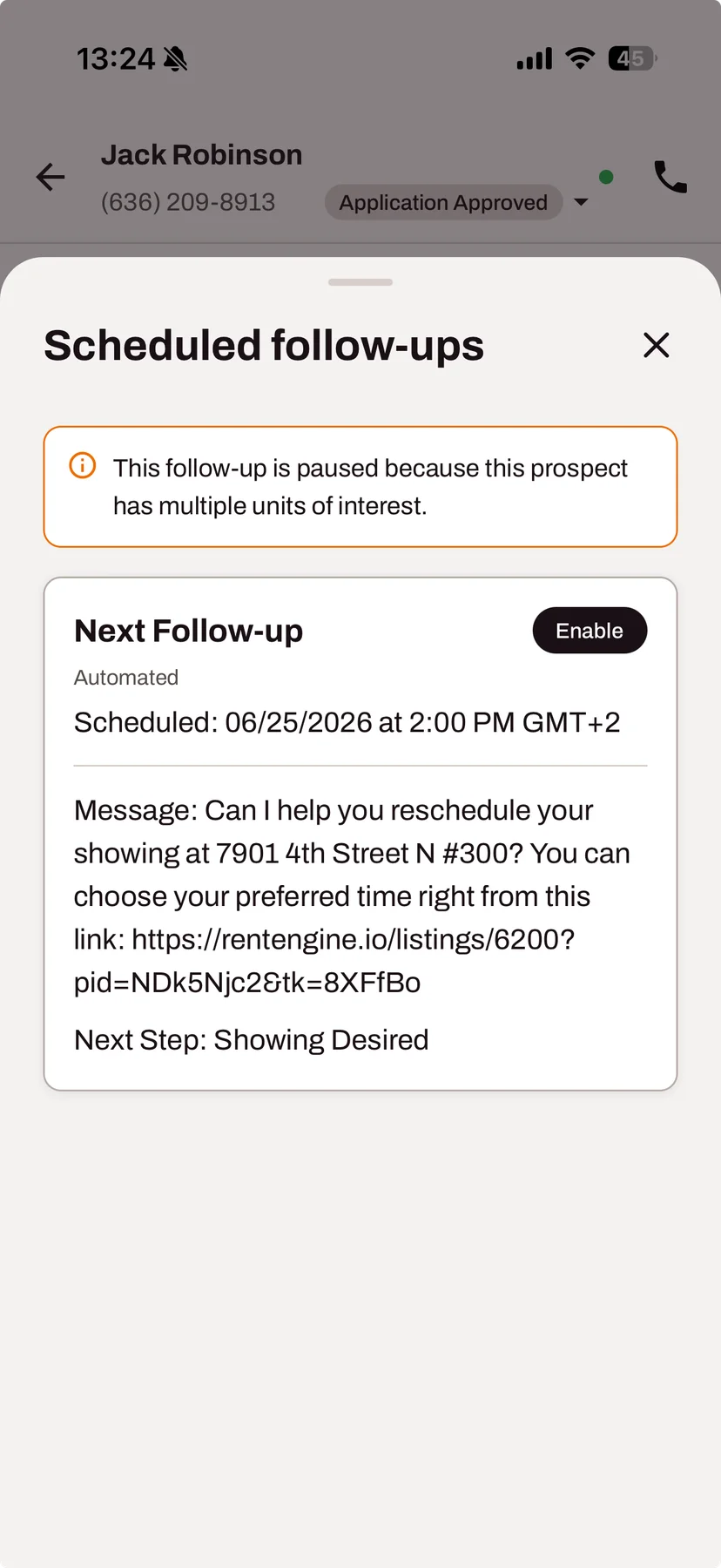 Scheduled follow-ups are visible and editable in the RentEngine mobile app