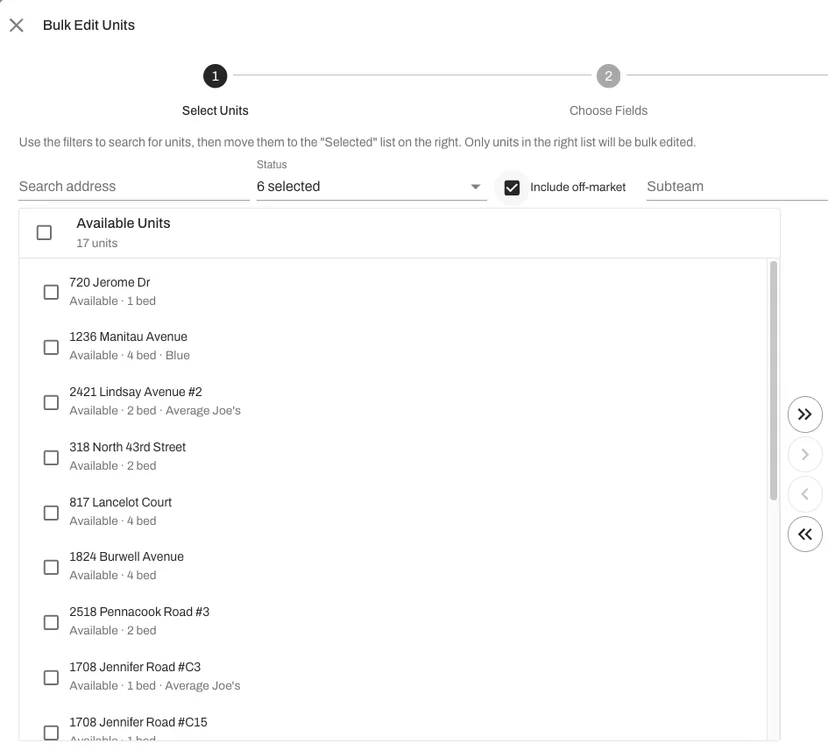Bulk Edit unit selection with the Include off-market toggle enabled