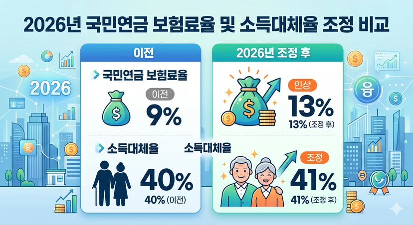 2026년 국민연금 보험료율 및 소득대체율 조정 비교