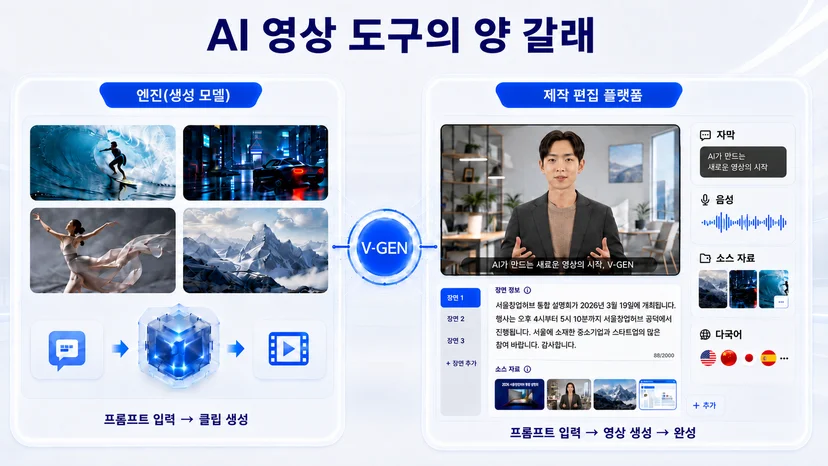AI 영상 도구를 엔진 생성 모델과 제작·편집 플랫폼 두 층으로 나누어 설명하는 V-GEN 기반 비교 이미지