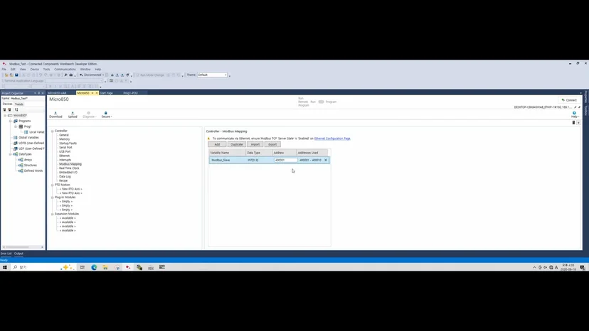 Micro 800 시리즈 Modbus TCP 통신 설정 가이드