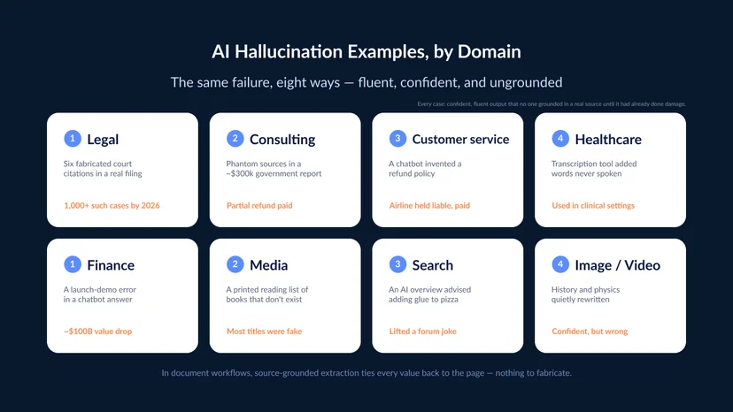 AI hallucination examples across domains — legal (fake court citations), consulting (phantom report sources), customer service (an invented chatbot policy an airline had to pay for), healthcare (a transcription tool adding words no one said), finance (a demo error tied to a ~$100B market-value drop), media (a reading list of nonexistent books), search (glue-on-pizza advice), and image/video generation (history and physics rewritten). 