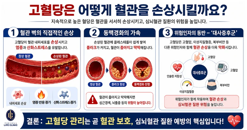 고혈당은 어떻게 혈관을 손상시킬까? 1. 혈관 벽 직접적인 손상, 2. 동맥경화의 가속, 3. 위험인자 동반- 대사증후군
