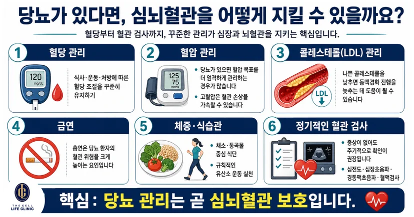 당뇨가 있다면, 혈당관리, 혈압관리, 콜레스테롤 관리, 금연, 체중 식습관, 정기적인 혈관 검사등으로 심뇌혈관을 지키고 예방합시다
