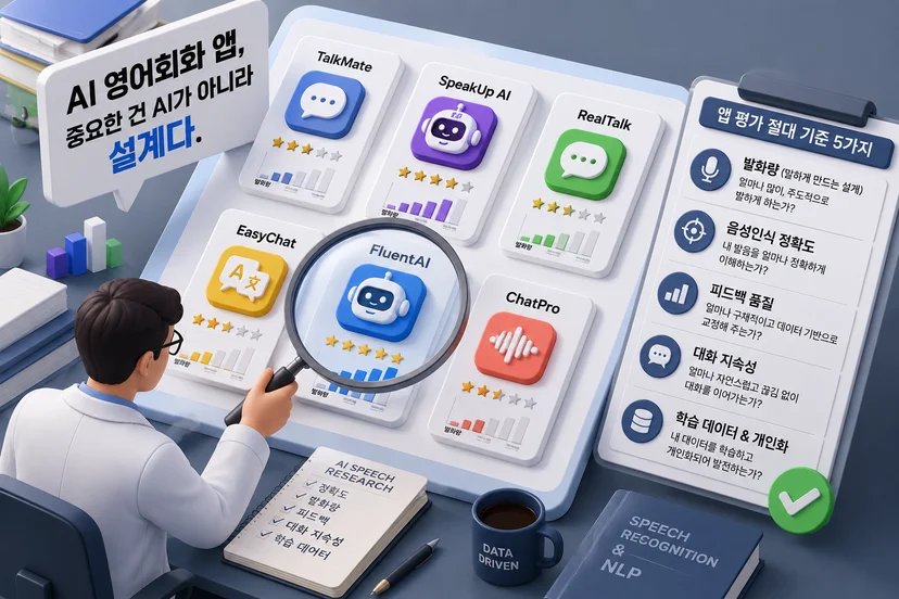 AI 영어회화 앱 추천 및 선택 기준: 단순 암기식 앱의 단점과 압도적인 발화량, 심리적 장벽 완화, 객관적인 데이터 피드백을 제공하는 올바른 AI 화상 영어 앱의 효과 비교