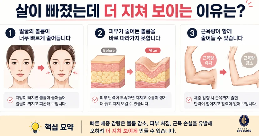 살이 빠졌는데 더 지쳐보이는 이유는 1. 얼굴 볼륨이 빠르게 줄어듦, 2. 피부가 줄어든 볼륨을 따라가지 못함, 3. 근육량이 함께 줄어들 수 있음