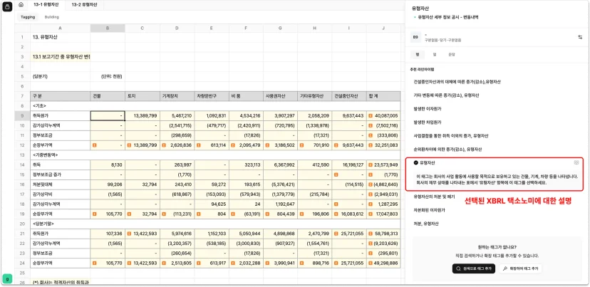 선택된 XBRL 택소노미에 대한 설명이 제공되는 화면
