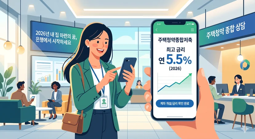 은행에서 주택청약종합저축 통장을 개설하거나 스마트폰 앱으로 금리를 확인하는 직장인의 모습