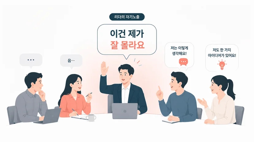 리더가 먼저 빈틈을 보여 팀의 심리적 안전감을 높이는 자기노출 장면