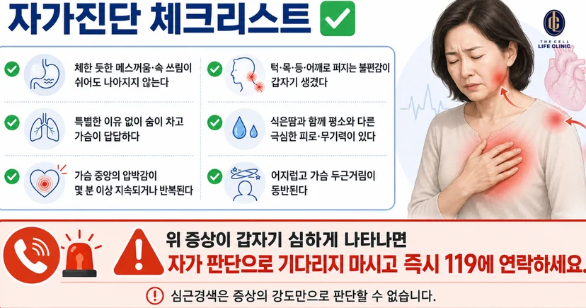 여성 심근경색 전조증상 자가진단 체크리스트, 턱·목·등·어깨로 퍼지는 불편감이 갑자기 생겼다,  식은땀과 함께 평소와 다른 극심한 피로·무기력이 있다