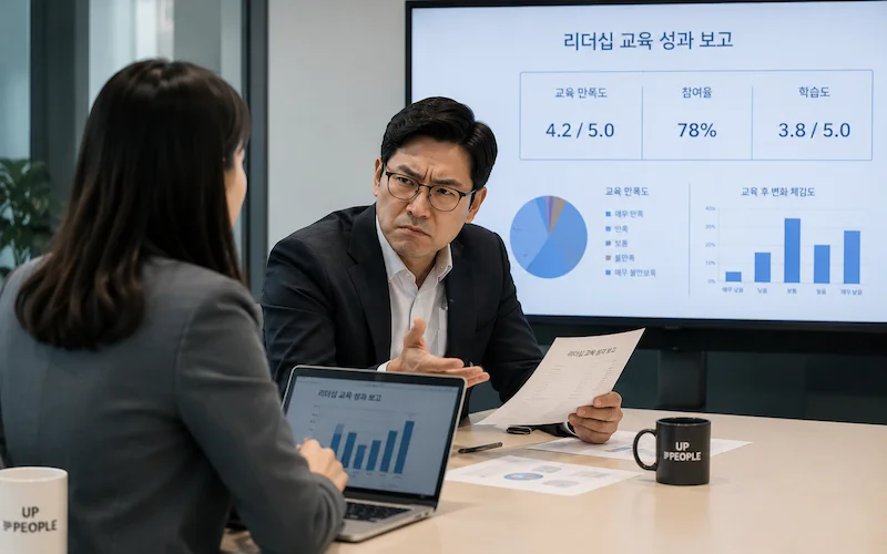 HR담당자가 임원에게 리더십교육 성과보고를 하고있는 모습