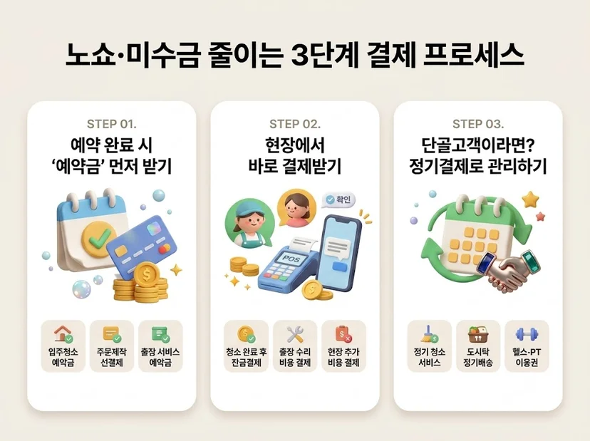 미수금 및 노쇼 방지를 위한 3단계 결제 프로세스(예약금 선결제, 현장 즉시 결제, 정기결제 자동화) 안내 가이드 인포그래픽
