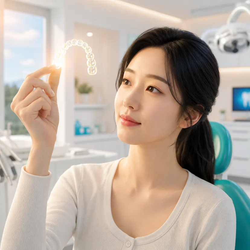 투명교정 얼라이너 트래킹 상태를 점검하는 모습을 표현한 3D 일러스트