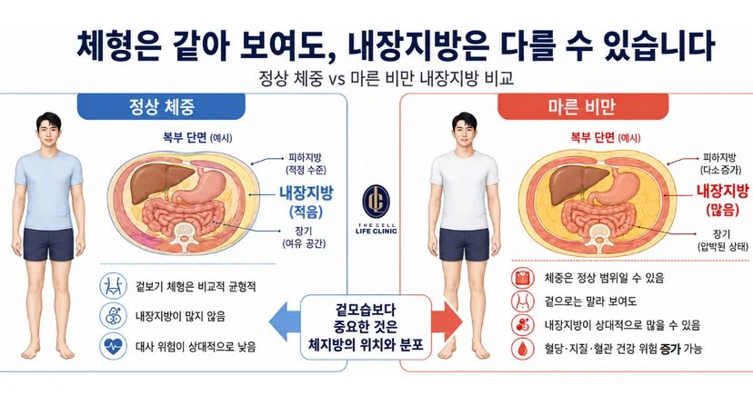 체형은 같아 보여도, 내장지방은 다를 수 있다. 정상체중과 마른비만 비교