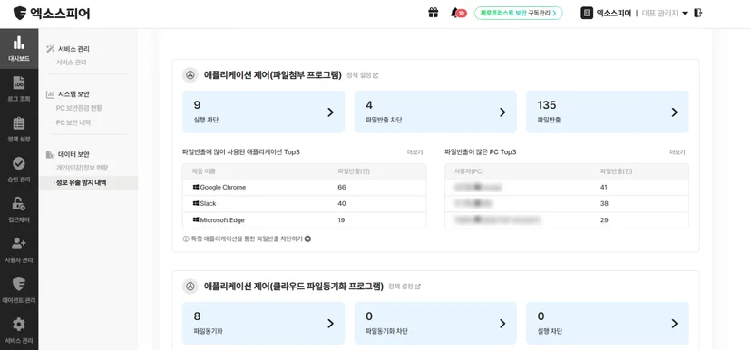 엑소스피어 관리자 페이지 - 정보유출 방지 내역
