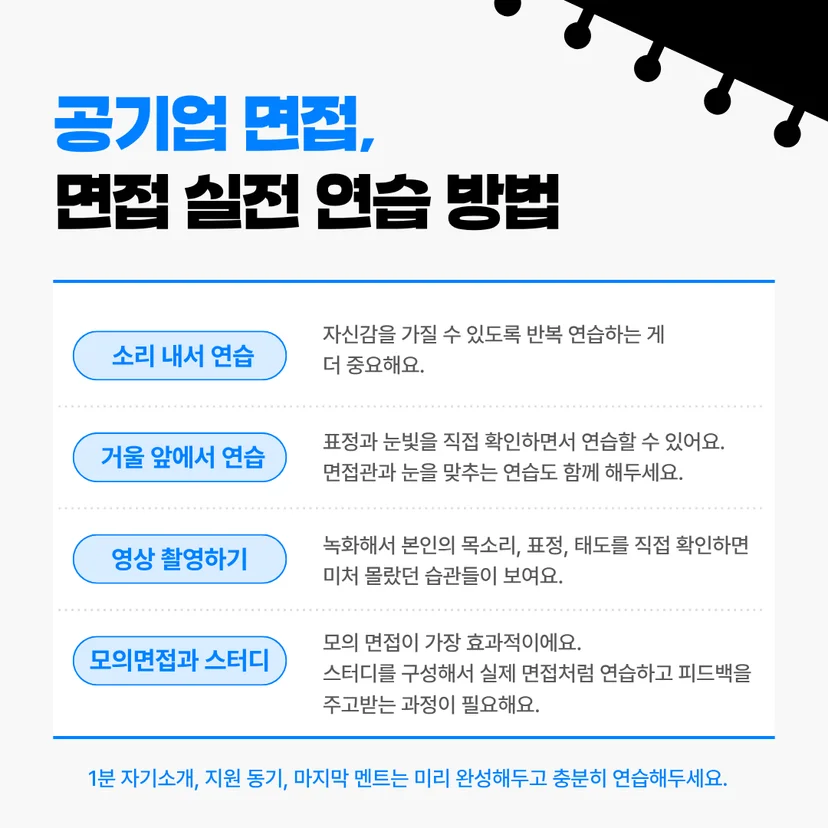 공기업 면접, 면접 실전 연습 방법' 안내 이미지입니다. 실전 연습 방법 4가지를 소개합니다. 첫째 소리 내서 연습(반복 연습을 통한 자신감 획득), 둘째 거울 앞에서 연습(표정과 눈빛 확인 및 시선 맞추기 연습), 셋째 영상 촬영하기(녹화로 목소리, 표정, 태도 및 몰랐던 습관 확인), 넷째 모의면접과 스터디(실제 면접처럼 연습하고 피드백 주고받기)입니다. 하단에는 1분 자기소개, 지원 동기, 마지막 멘트는 미리 완성해두고 충분히 연습하라는 주의사항이 적혀 있습니다.