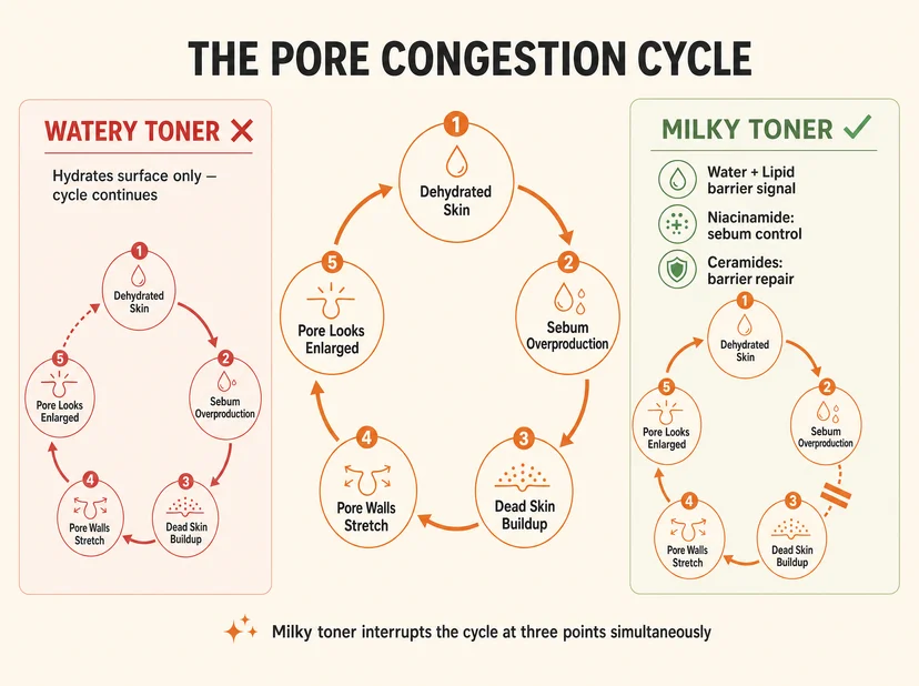 Infographic titled "The Pore Congestion Cycle" comparing two 5-stage cycles — watery toner cycle (dehydrated skin, sebum overproduction, dead skin buildup, pore walls stretch, pore looks enlarged, repeating with note "Hydrates surface only — cycle continues") and milky toner cycle (same five stages but interrupted between dead skin buildup and pore walls stretch, with water and lipid barrier signal, niacinamide for sebum control, and ceramides for barrier repair listed as intervention points), with footer text "Milky toner interrupts the cycle at three points simultaneously"