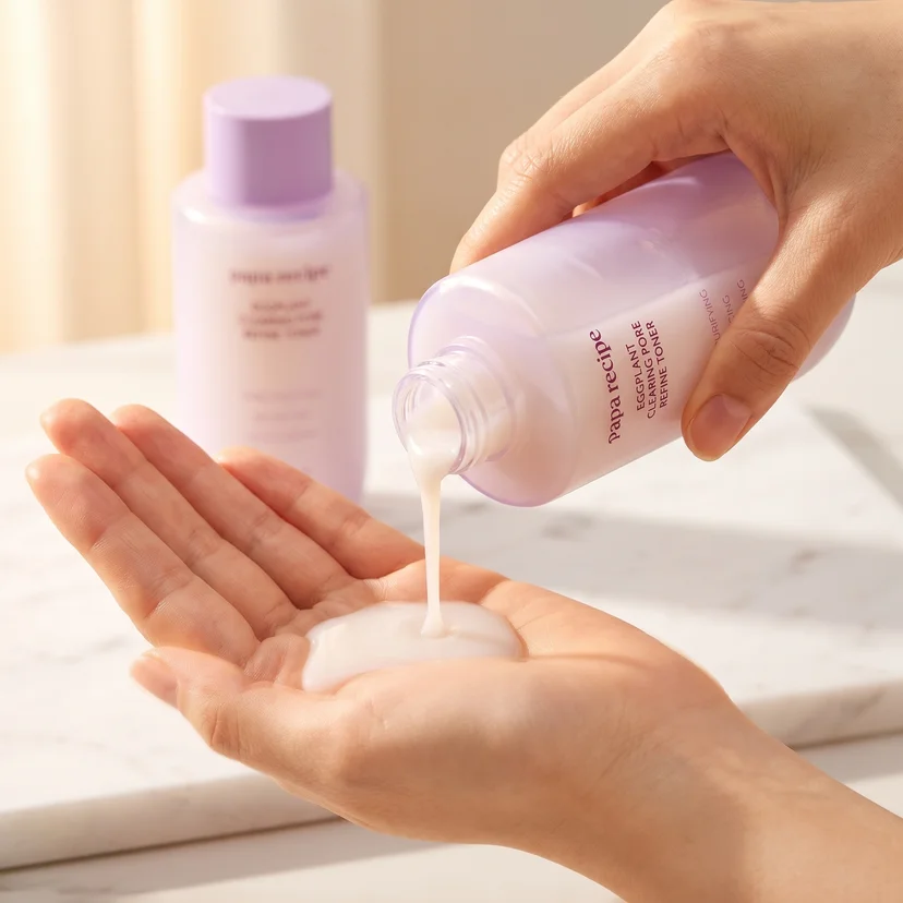 Close-up of milky white toner being poured from a Papa Recipe Eggplant Clearing Pore Refine Toner bottle directly into an open palm, with a second bottle blurred in the background on a marble bathroom counter