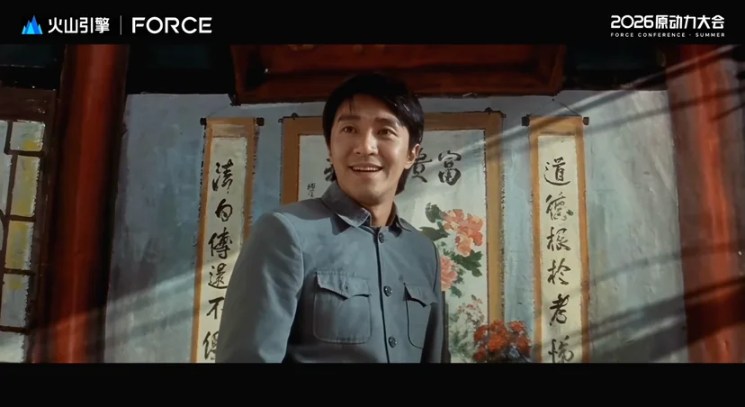 AI로 되살린 저우싱츠(주성치) 명작의 한 장면. 이날 ByteDance는 주성치를 1호 파트너로 한 AI 저작권 협업도 함께 공개했습니다. (출처: 火山引擎 FORCE 2026)