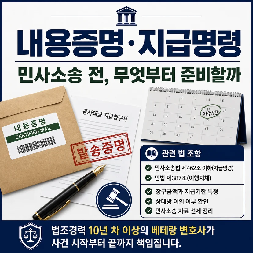 공사대금 미지급 소송, 내용 증명/지급명령