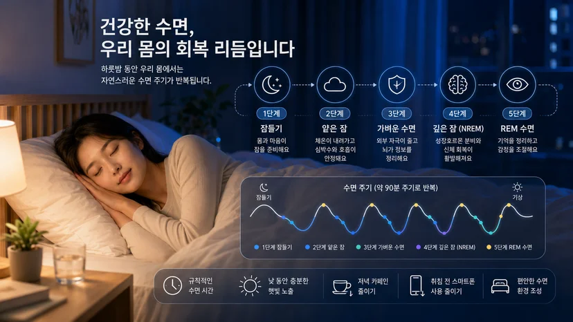 정상수면은 하룻밤 동안 여러 단계가 반복되며 몸과 뇌의 회복에 중요한 역할을 합니다.
