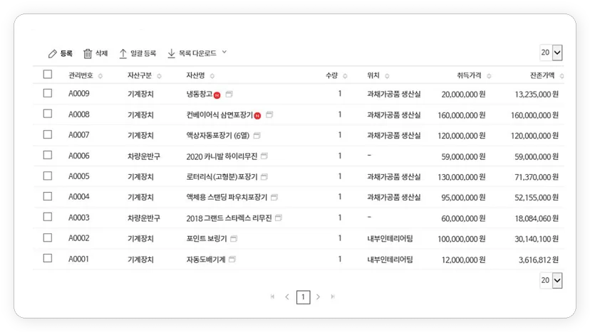 다우오피스 Works 비품관리 앱 자산 목록 화면