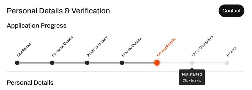 The application progress tracker showing a step ready to skip — click the dot to trigger the confirmation