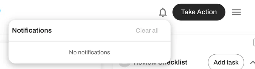 The in-app notification panel, accessible from the bell icon inside the application review page
