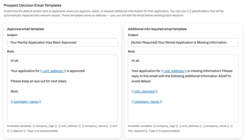 The approval email template showing {{rent}} and {{deposit}} as available variables