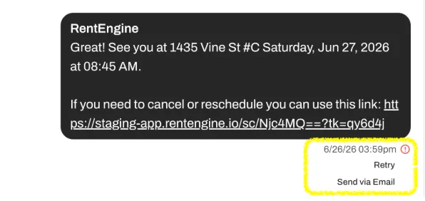 Retry and Send via Email appear directly on a failed message in the Command Center